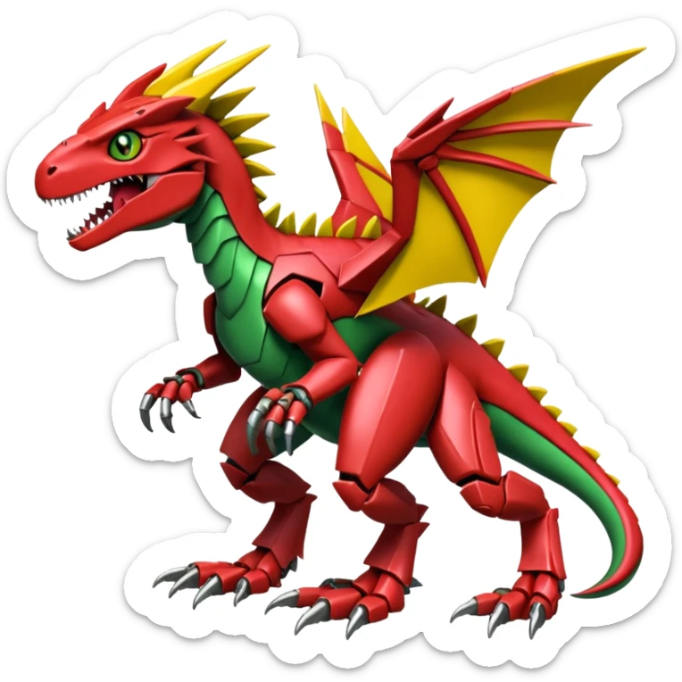 Cool Edgy Green Red Yellow Digimon-Fakemon-Guilmon-Velociraptor-Dragon-Mecha full body sticker