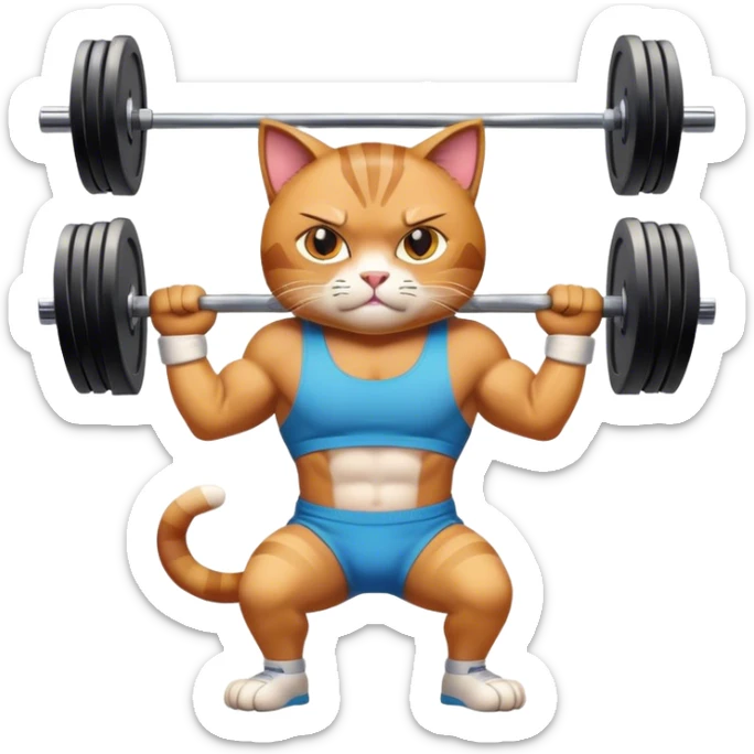A muscular cartoon cat lifting a barbell in a gym, wearing a sweatband, with determined expression, surrounded by gym equipment, vibrant and dynamic, emoji style. sticker