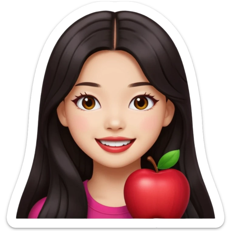 Jennie from Blackpink as a cute apple style emoji, long dark hair, confident smile sticker