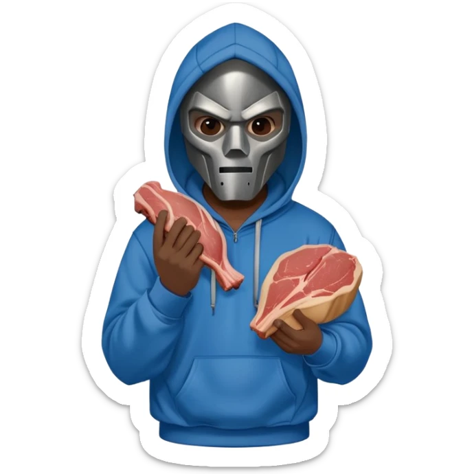 MF DOOM in a blue hoodie holding a piece of meat sticker