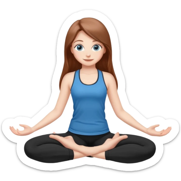A girl with fair skin and a natural blush. Eyes are large, expressive, blue. Hair is long, straight, chestnut-colored. The smile is soft, friendly, in a black top and leggings in a different yoga pose sticker