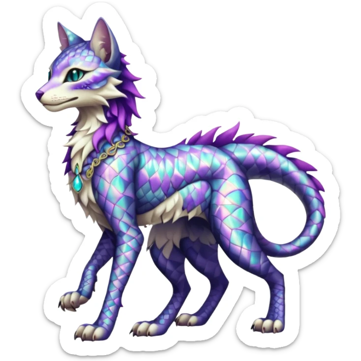 Kawaii iridescent beautiful pretty elegant divine edgy fantasy feline-vernid-sergal-fursona-animal-creature with accessories, full body with intricate pattern-markings  sticker
