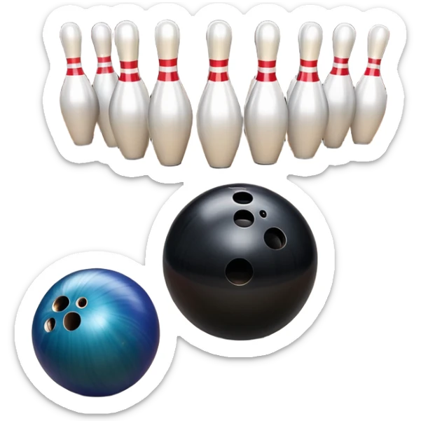 A bowling ball rolling down the lane towards a set of pins, with the pins poised to fall. The scene is set in a bowling alley with bright lights and a polished wooden floor, capturing the excitement and precision of the sport. sticker
