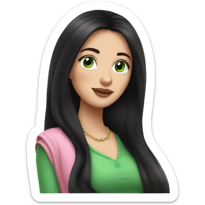 Beautiful Russian lady with green eyes and very long black hair pink clothes pregnant sticker