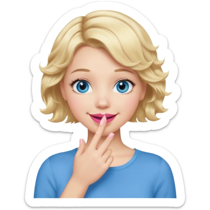 Girl Blonde short wavy hair,  blue eyes, cute blue top, long lashes, pink lips, smiling, hand covering the mouth sticker