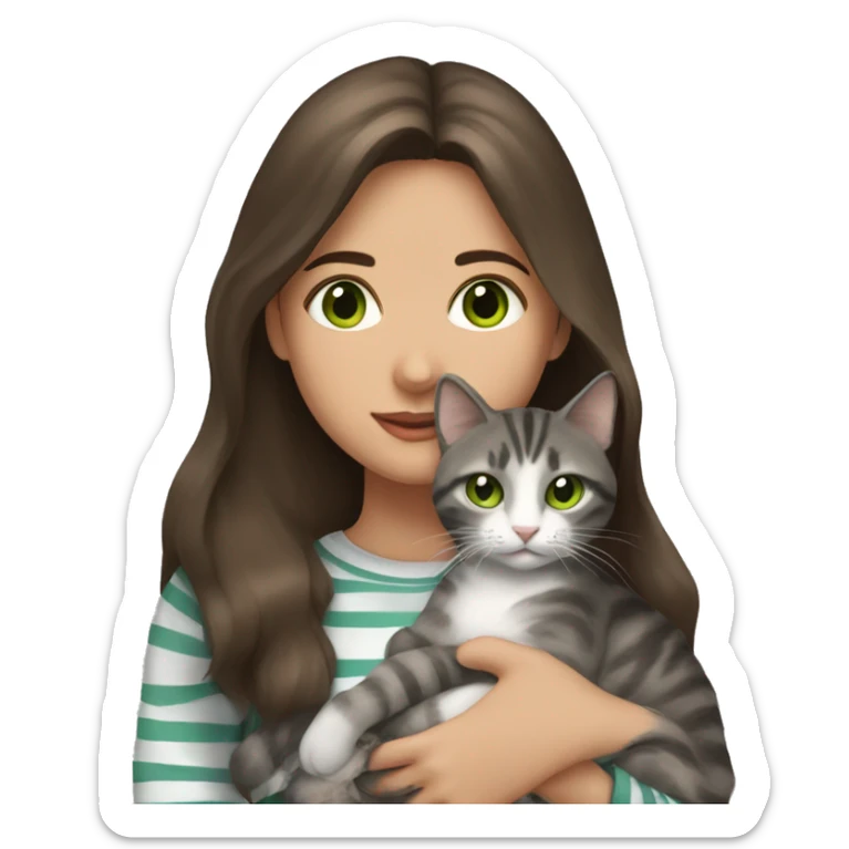 Brunette girl with green eyes, holding a gray, striped, brown-eyed cat in her arms sticker