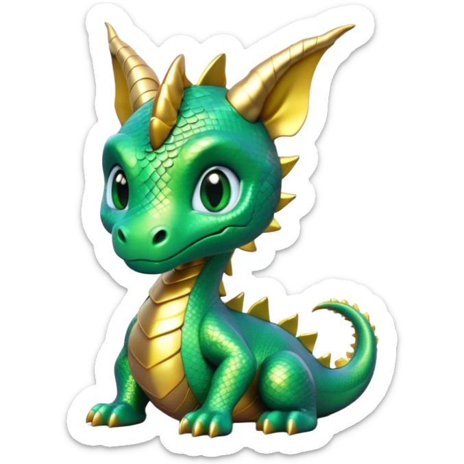 Cinematic Cute Dragon Portrait Emoji, Head tilted playfully and inquisitively, featuring a sleek, serpentine form adorned with iridescent scales that shift between emerald and gold, a delicate set of subtle horns, and round, sparkling eyes full of curious magic; rendered with realistic detail and warm natural light, high shine, affectionate and enchanting, styled with a touch of whimsical fantasy, soft glowing outline, capturing the essence of a mischievous yet lovable dragon that seems poised to slither playfully into your arms! sticker