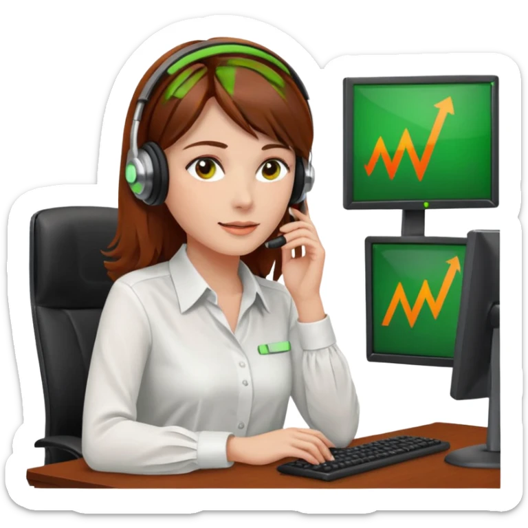 a woman, brown hair, middle european, sitting in the office in front of a computer, wearing a blouse and a headset. she is controling the limits on screen. green = ok, orange = am Limit, rot = überschritten sticker