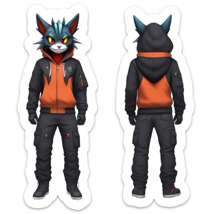 Cool Anthro Noivern-Litten-Vampiric-Pokémon with edgy stripes hoodie spiked collar punk techwear Cargo Pants Full Body sticker