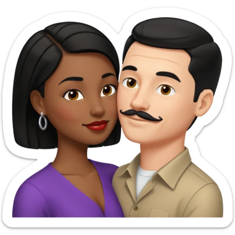 white man, black hair, slicked back, mustache kissing black woman with short black hair emoji sticker