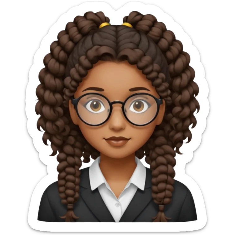 chica morena de ojos claros con gafas negras exagonales redondeadas. y pelo rizado castaño con todo el pelo recogido en una coleta .. Con todo el pelo recogido un clen look solamente una coleta tiene 16 años sticker