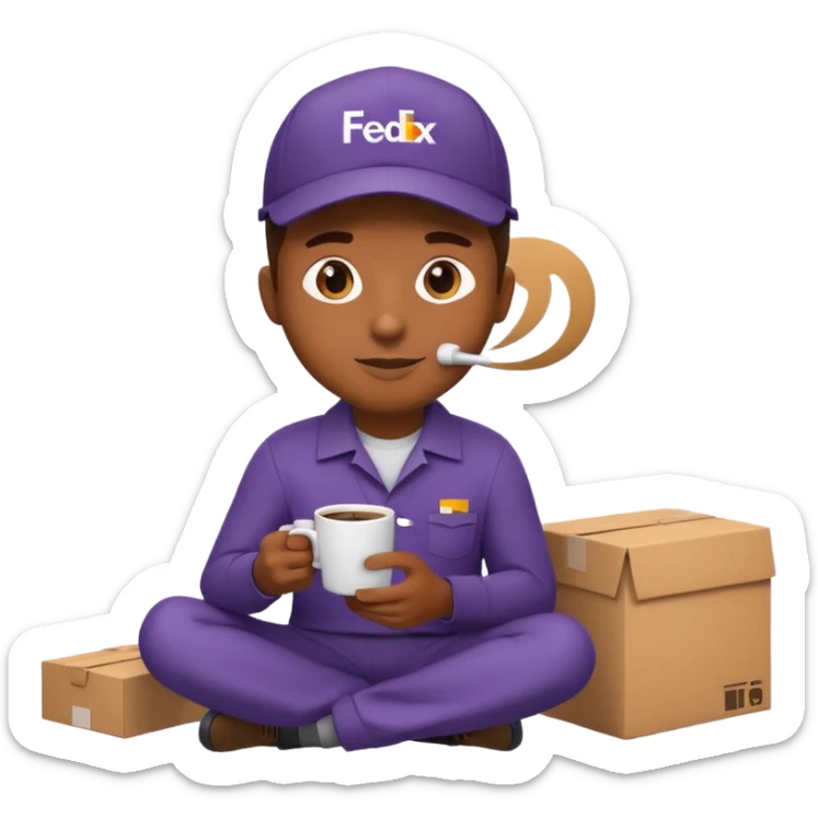 emoji of FedEx delivery man is sipping coffee while sitting on the boxes sticker
