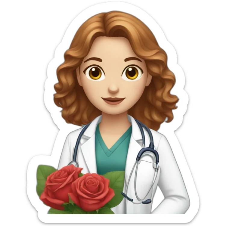White doctor girl, chestnut hair, hazel eyes, with a bouquet of roses sticker