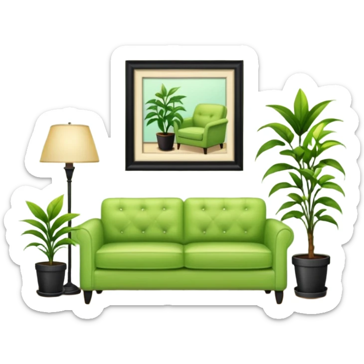 living room in ios emoji style

no TV, and make the couch a light green color

there is a lamp on one side and one plant on the other side sticker