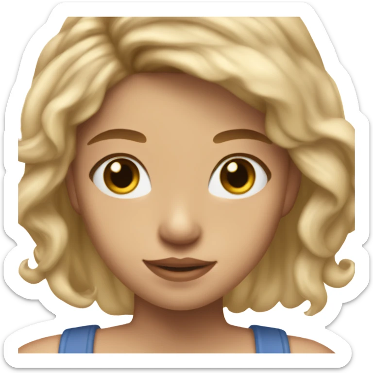 teenage girl wearing a blue square neck top. she has light tan skin, dirty blonde hair whit highlights, and two ear piercings. One’s a stud and one’s a big hoop sticker