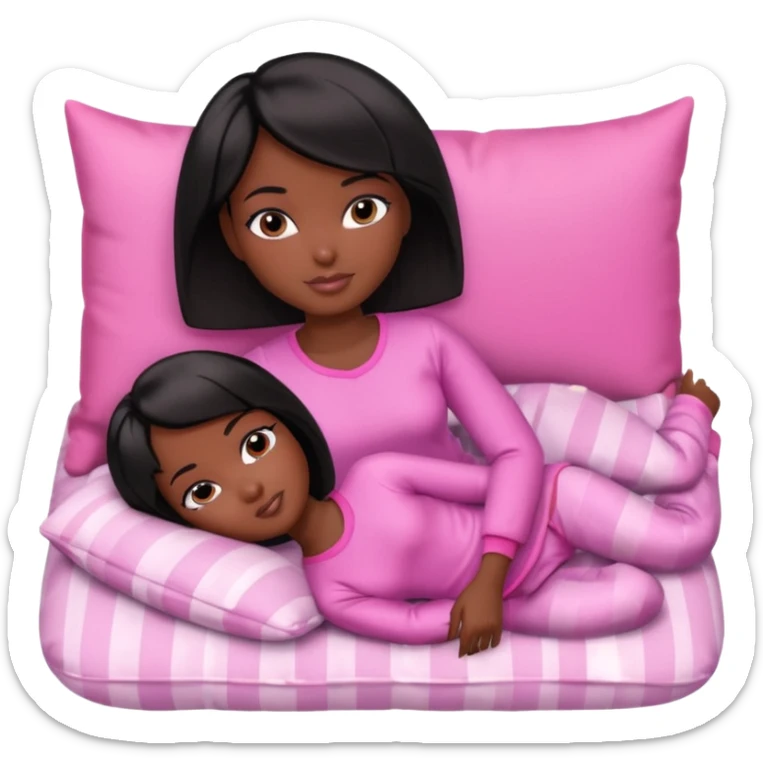 Dark skin Black barbie, short  black bob  hair, pink pajamas laying on pillow just me  sticker