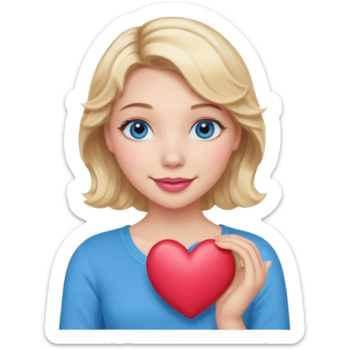 Girl Blonde short wavy hair,  blue eyes, cute blue top, long lashes, pink lips, smiling, holding a big heart sticker