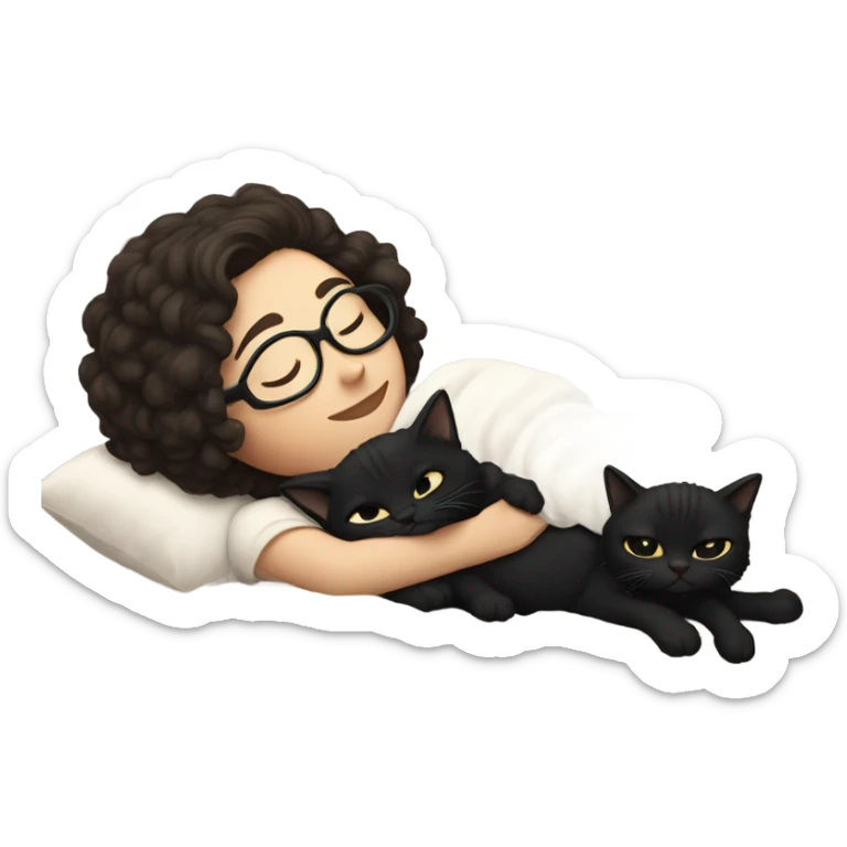 Pale white young woman with short dark curly hair with glasses cuddling, sleeping in bed with black cat sticker