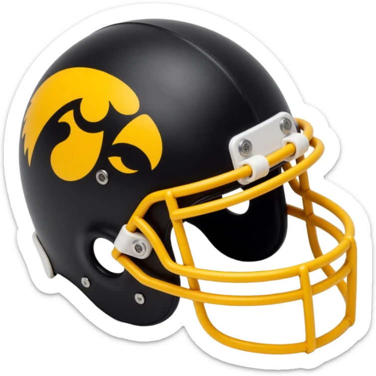 Iowa Hawkeyes football helmet, black with gold hawk logo, skeuomorphism icon style sticker
