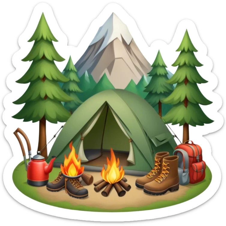 Icon for Hiking: a pair of hiking boots, a backpack, a walking stick, a tent, and a kettle over a campfire, surrounded by trees and a mountain trail. The icon should capture the adventure and warmth of camping. Transparent background. sticker