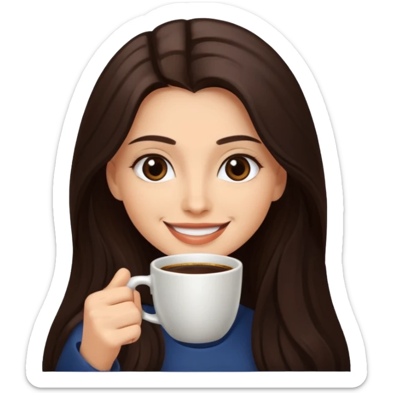 Straight Dark Brown long haired sexy woman smiling with dark brown eyes with cup of coffee sticker