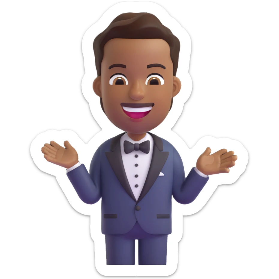 3D emoji of Chris Rock, laughing, short hair, brown skin, wearing a tuxedo, Microsoft 3D Fluent emojis style sticker