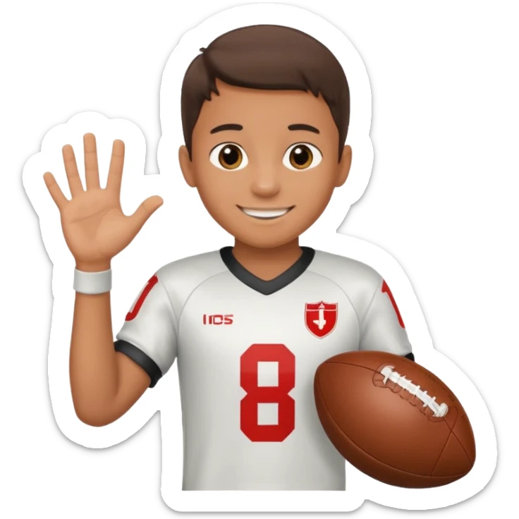 a boy having a football ball next to his hand wearing a football jersey sticker