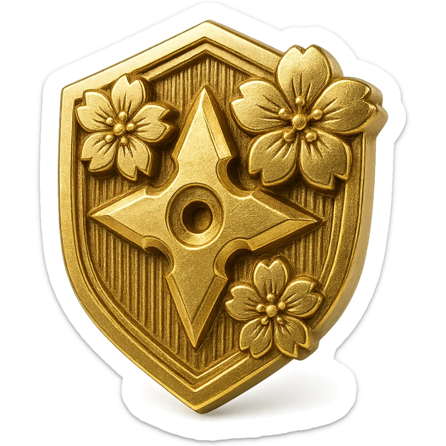 Japanese style badge in platinum color, traditional crest shape, sakura (cherry blossom) accents, chibi/anime-inspired playful vibe, ninja star accent, no text, sized for Twitch or Discord use, transparent background. sticker