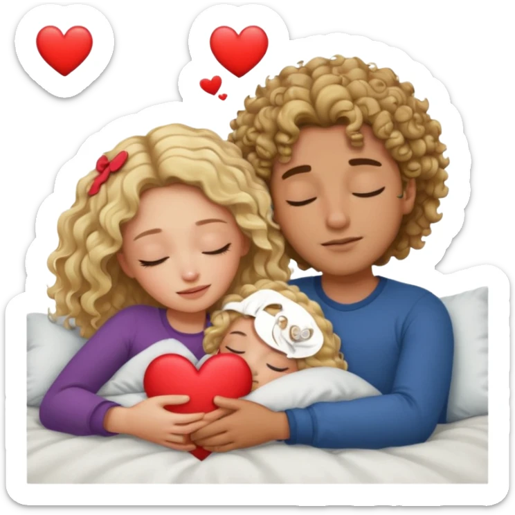 cuddling in bed, asleep. wavy haired blonde girl. man with curly,  dark brown hair. eyes closed. heart between them. no headboard sticker