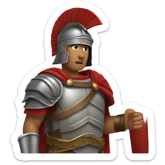 Create an image of an ancient Roman soldier in the style of Apple emoji. The soldier should be dressed in traditional Roman armor with a detailed helmet, a short cloak, and a shield. sticker
