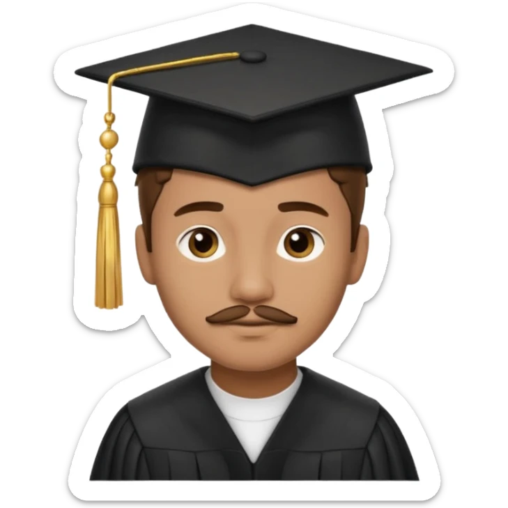 A young man with short brown hair, light brown skin, and a small mustache, wearing a black graduation cap with a gold tassel. sticker