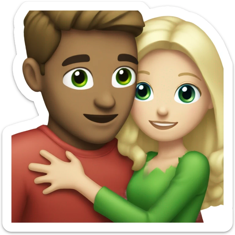 Brunette blue eyed man hugging a blonde green eyed woman at Christmas  sticker