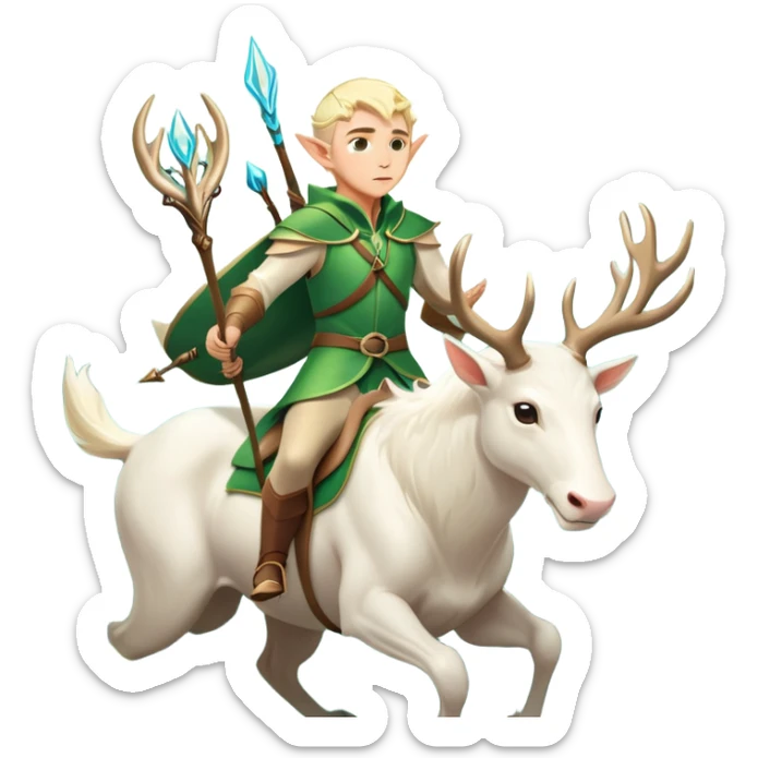 clash-of-clans-aesthetic-blond-male elf-archer-portrait-emoji, rendered in a flat, vector-style with minimal shading and bold, simplified shapes, head tilted slightly forward with a determined, focused expression, riding a majestic white stag whose antlers glow with mystical energy, set against an ancient, enchanted forest backdrop. sticker
