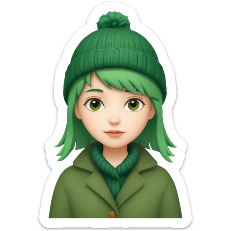 Girl with green hair wearing winter coat and a woolen hat with a relaxed posture and friendly face sticker