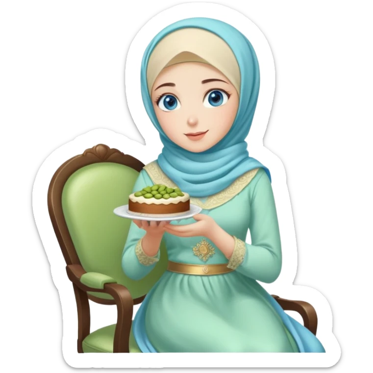 Turkish beautiful finish Konya girl blue eyes with pastel hijab long tail dress and sits on the chair and holds pistachios cake with her hand  sticker