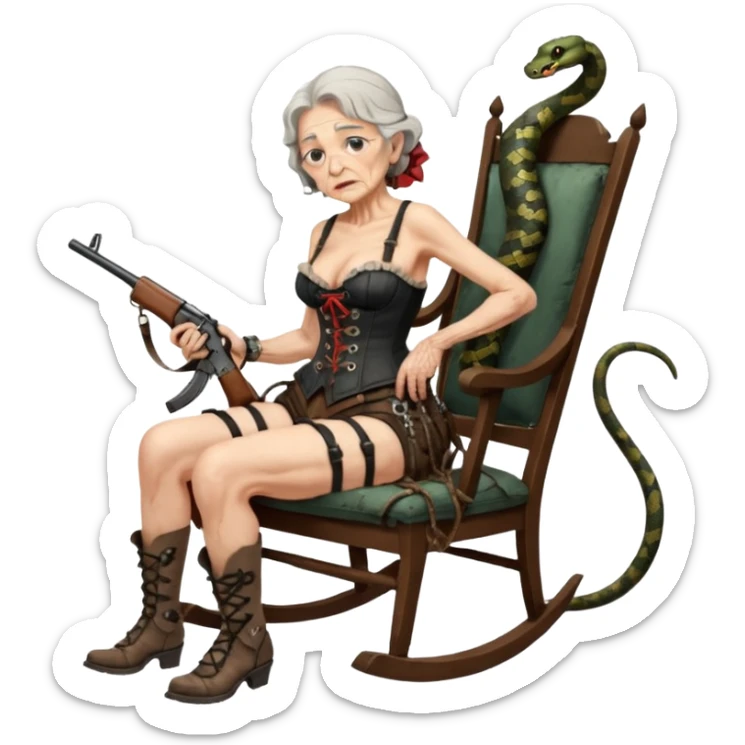 cinematic realistic ultra HD very old and tired Tori Amos casually crouches on a rocking chair in a torn corset, holding a double-barreled rifle and with muddy feet. a big snake wrapped itself around the chair sticker