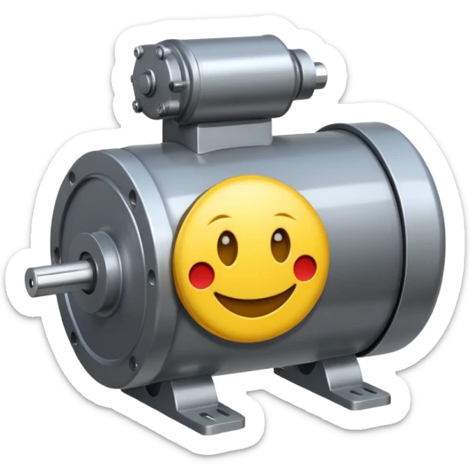 Industrial mechanical motor with a smiley face, emoji for the new electric music genre Motor breaks must be friendly and sellable must be small but clear child friendly, ready to use as a logo sticker