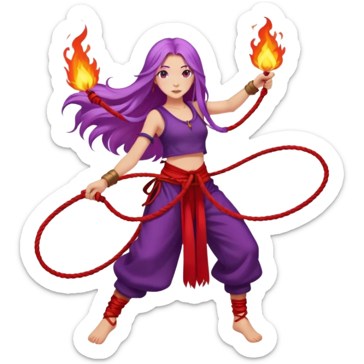 Fire rope poi dance, girl with long purple hair, red clothes sticker