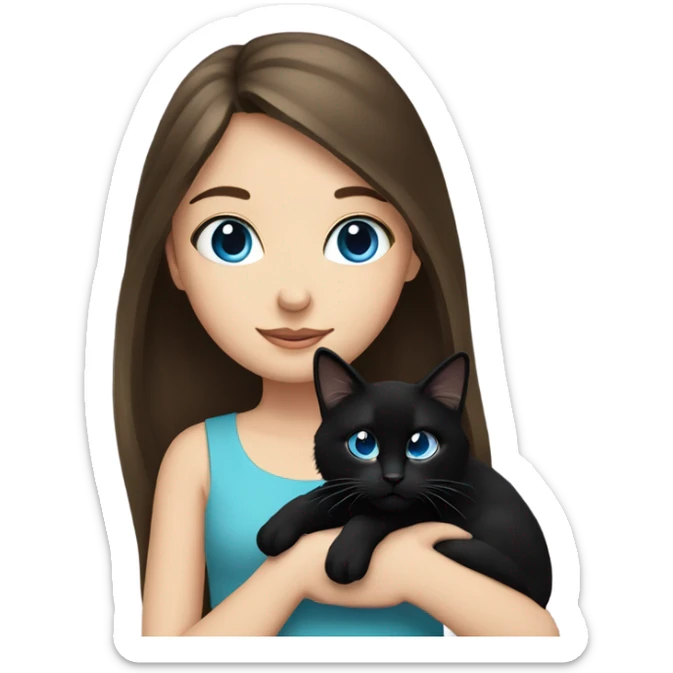 Long haired brunette blue eyed girl holding a black cat sticker