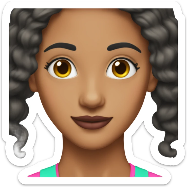 Tanned woman with black hair dressed in 1990s preppy hair, makeup, and neon attire  sticker