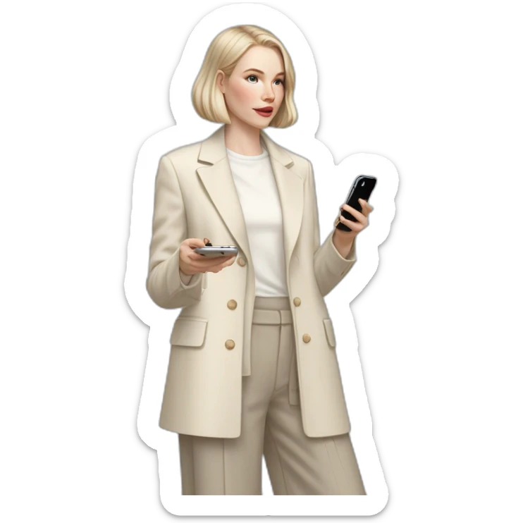pale skin woman with ash blonde Straightened bob Hair, White Spacious classical jacket, beige palazzo Arrow pants and gray blouse holding white IPhone 15 pro in the hands sticker