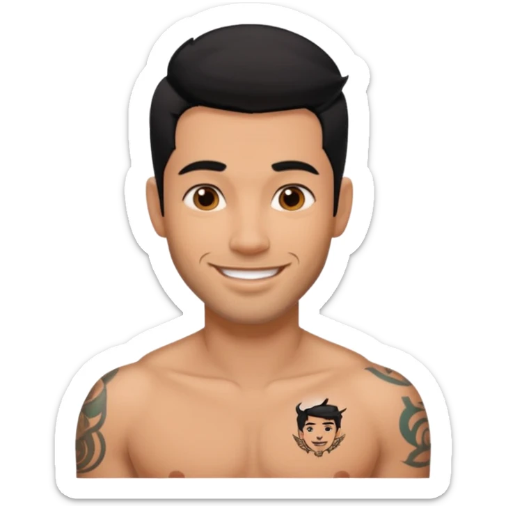 A man in tattoos handsome with flirty smile till legs black hair, bristle  sticker