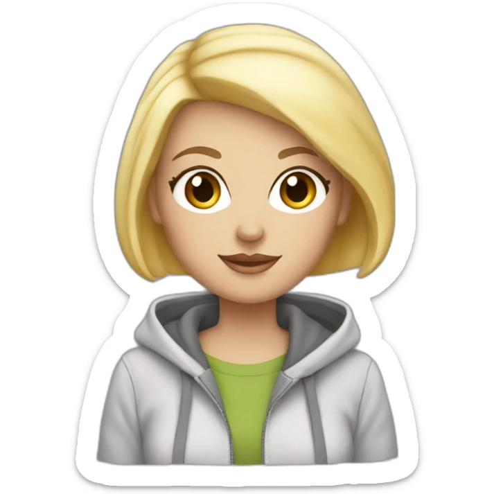 white girl short hair blonde hoodie with macbook sticker