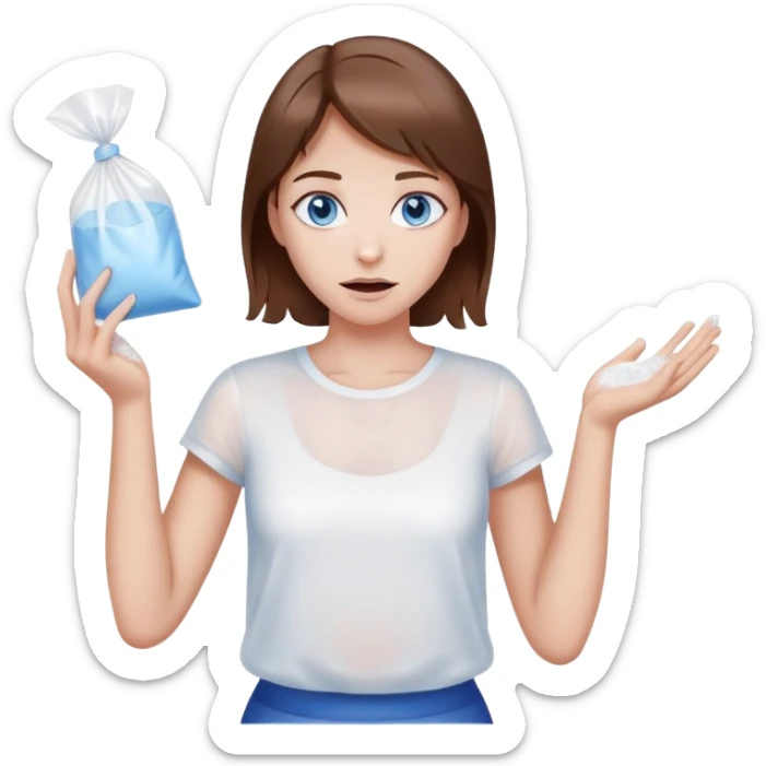 Brown hair blue eye Girl shrugging holding a clear plastic bag with white powder sticker