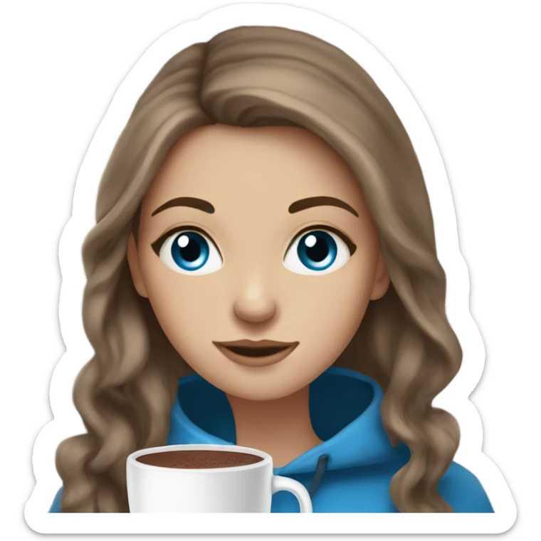 white girl with blue eyes brown long hair and a hot chocolate sticker