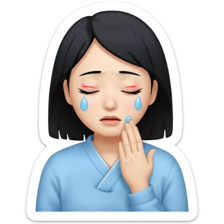 A crying East Asian woman with black hair, wearing light blue clothing. Her skin appears dry, closing her eyes and crying sticker