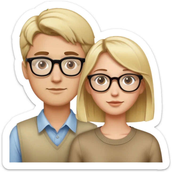 Tall blonde, pretty hair girl with short brown hair man with glasses sticker
