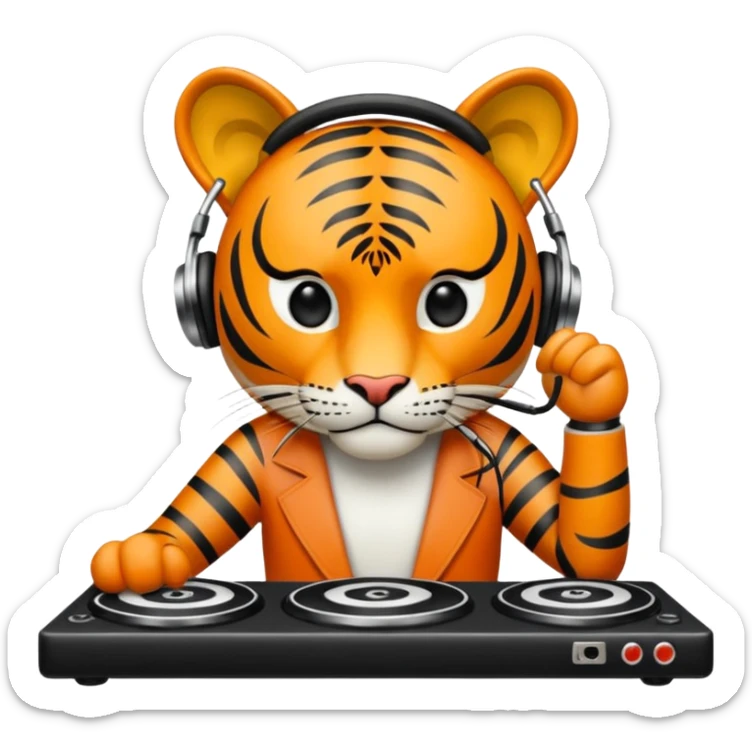 Un tigre enfadado con una mesa de dj . Lo quiero más profesional con unos audífonos y cara de astuto  sticker
