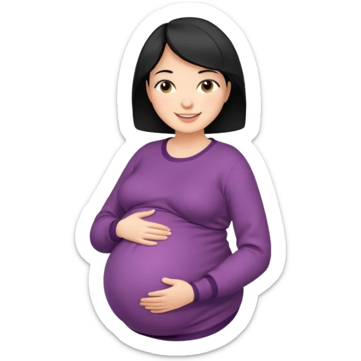 pregnant woman with short black hair happily touching her big belly while wearing warm clothes sticker