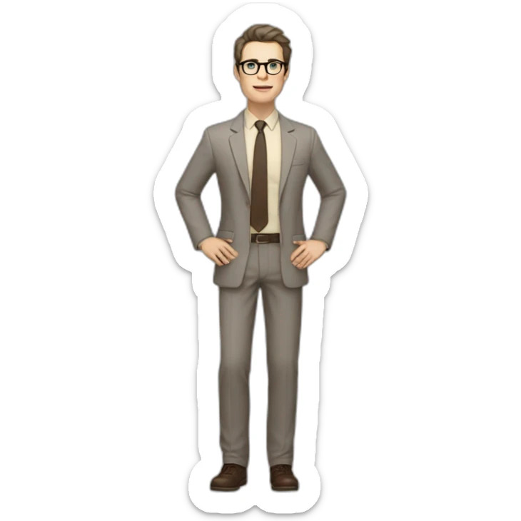 Full height Actively Gesturing Pale skinned fit man with dark brown hair in gray jacket, beige office shirt, brown tie, brown pants and vintage glasses. sticker
